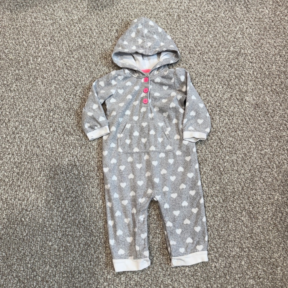 Carters‎ Baby Girl Grey Heart Fleece Hooded Romper One Piece Size 12 Months